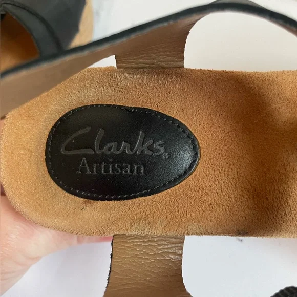 Clarks Artisan Black Leather Wedge Sandals with Buckle Straps - Picture 6 of 15